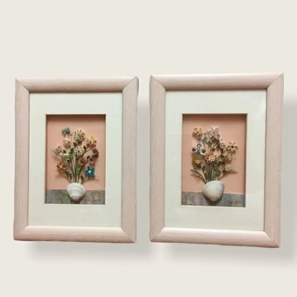 Quill Art Set Artist Signed Floral Shell Motif in Shadow Box - Picture 2 of 16